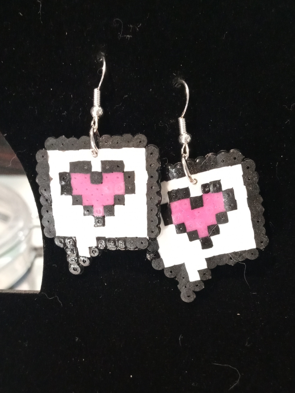 Pixel Heart Drop Earrings — Pink and Black